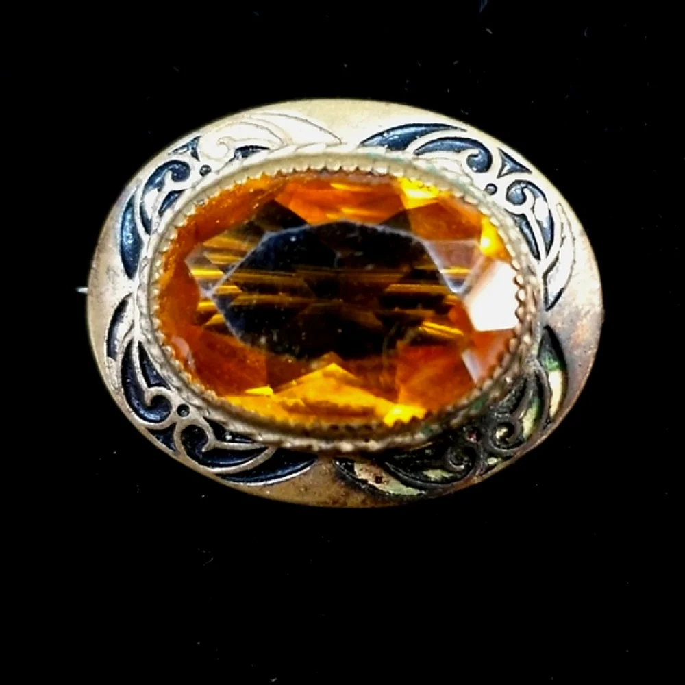 Vintage 1920s Art Deco Amber Citrine Glass Gold Tone Brooch - Picture 2 of 12
